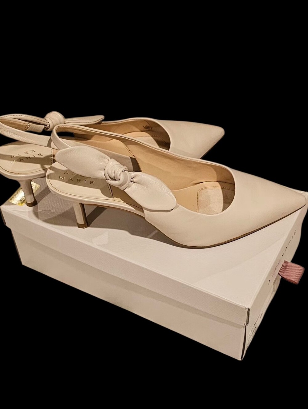 FREE SHIPPING!Alex Marie Leather Upper Cream Knot Slingback Pointed Kitten Heels